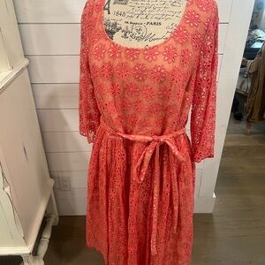 eshakti Coral Floral Eyelet Midi Dress with Tie Waist